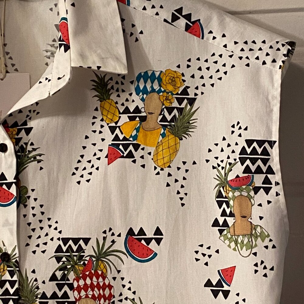 NWT ZARA Trafaluc Collection Sz L Blouse Button Up Cap Sleeve White/Multi Fruits - Picture 3 of 11